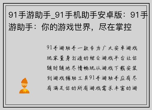 91手游助手_91手机助手安卓版：91手游助手：你的游戏世界，尽在掌控